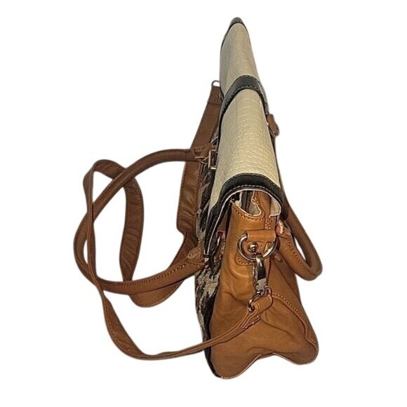 Leopard Print & Faux Croc Leather Satchel Bag With Adjustable Strap & Top Handle - Picture 6 of 9